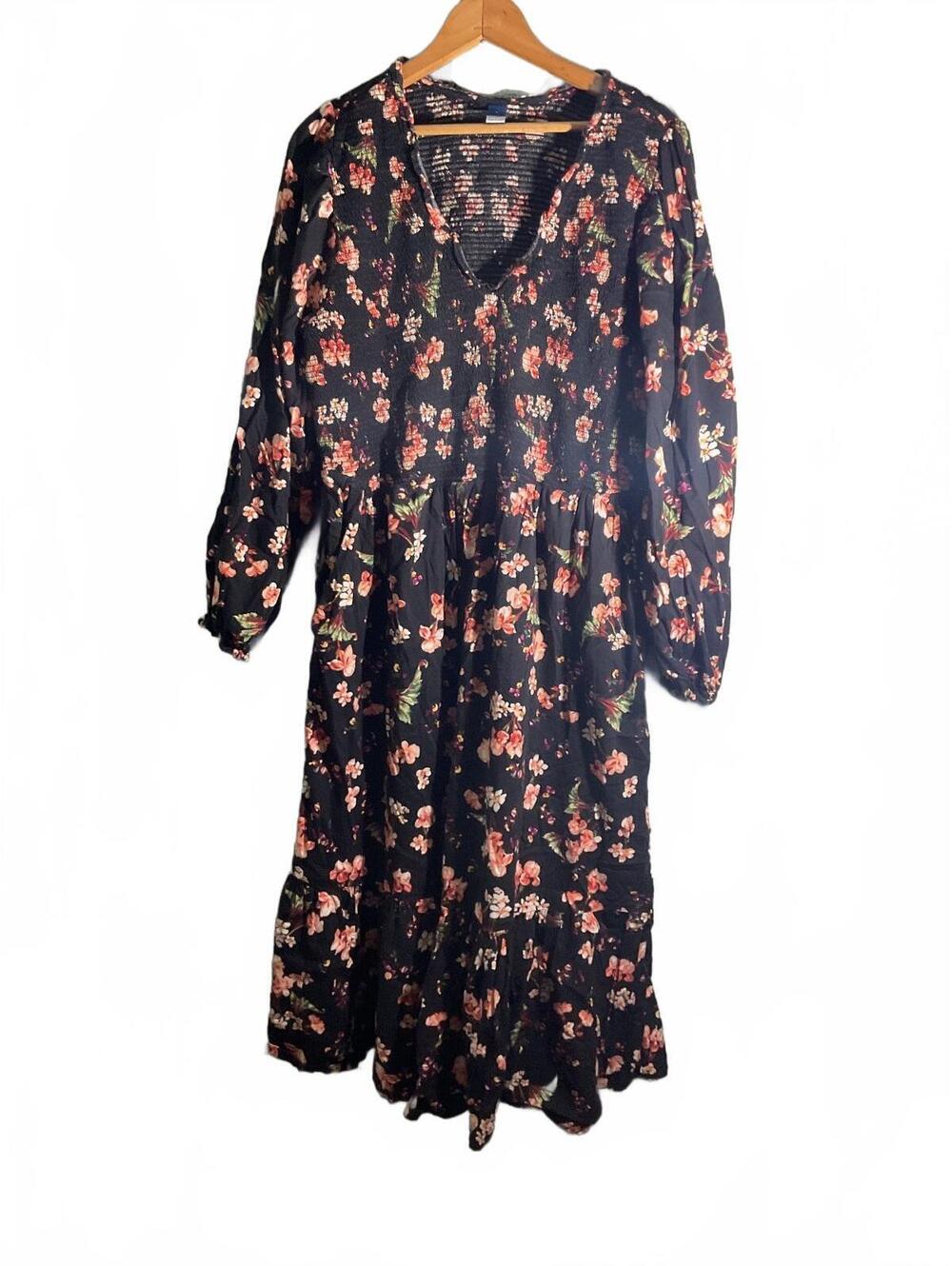 Old Navy XL Black Floral Long Sleeve Tiered Dress with Pockets Fall